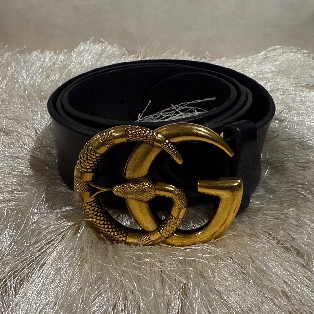 Black Leather Belt with Gold Buckle - Picture 2 of 8